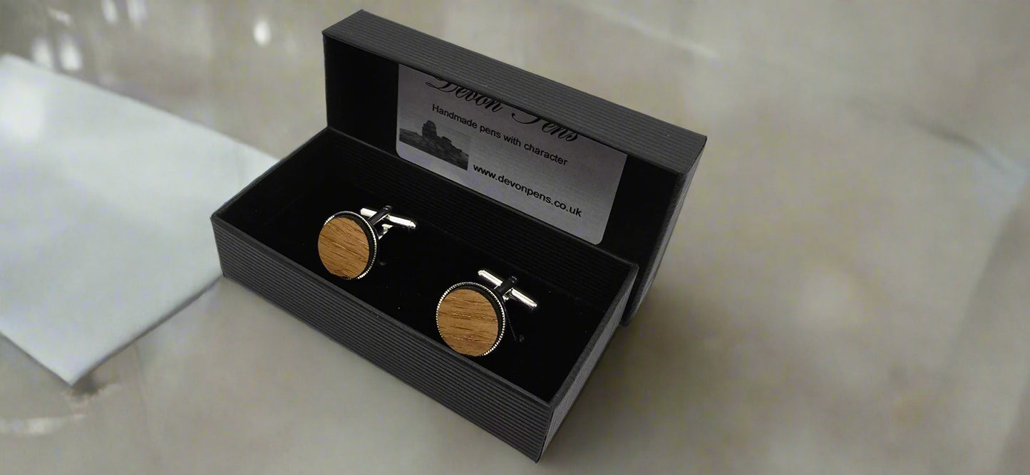 HMS Victory Oak Cufflinks - Silver plated round