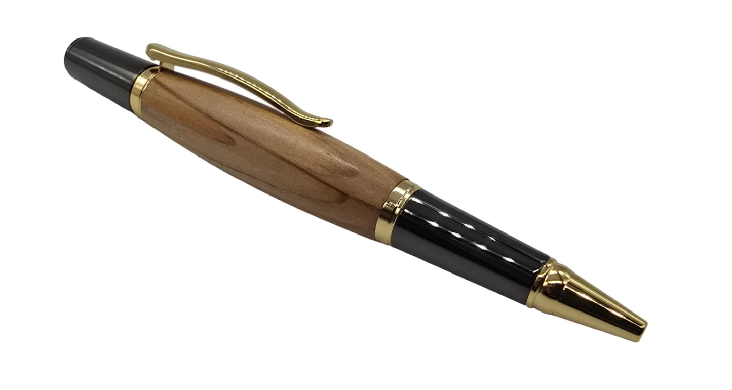 Wooden pen with black and gold accents on a gray background