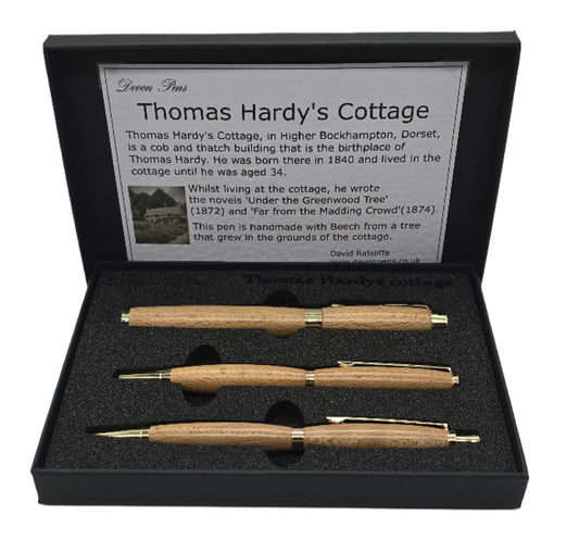 Fountain pen, Rollerball Pen and pencil set in Beech from Thomas Hardy's cottage garden. 