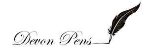 Devon Pens in script with a quill feather pen