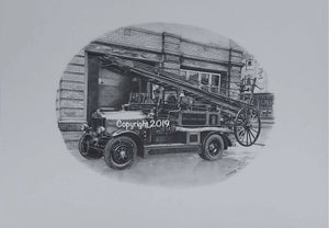 1928 Dennis Fire Engine print from an original pencil drawing. DevonPens